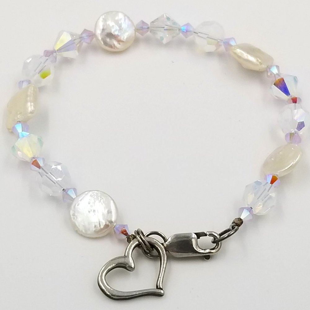 8in MOP and AB Crystal Bracelet/Anklet with .925 Findings and Heart Dangle